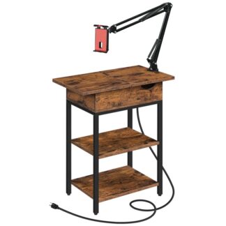 Koncový stůl s nabíjecí stanicí, Úzký boční stolek s USB porty a zásuvkami, Tabulka převráceného horního pohovky, Noční stolek s úložnými policemi a držákem klipů telefonu, Rustikální hnědá a černá