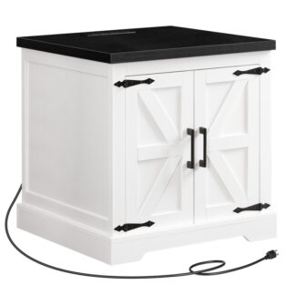 Bauernhaus-Nachttisch mit Ladestation, 24" Großer Beistelltisch mit Scheunentür und verstellbarem Ablagefach, Quadratischer weißer Nachttisch, Rustikaler Nachttisch für Schlafzimmer, Leben