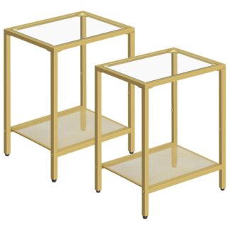 طاولات نهاية مجموعة من 2, طاولة جانبية مع قمة زجاجية مقسمة, ضيق بجانب الطاولة لمساحة صغيرة, 2-طبقة منضدة مع رف التخزين, لأريكة الأريكة والسرير, التجميع سهل, ذهب