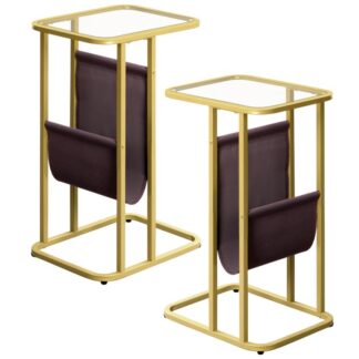 مجموعة طاولة نهاية على شكل C 2, طاولة أريكة من الزجاج المقسى بإطار معدني, طاولة صينية للتلفزيون مع حامل للمجلات, طاولة بجانب السرير للمساحة الصغيرة, طاولة جانبية ضيقة للوجبات الخفيفة, ذهب