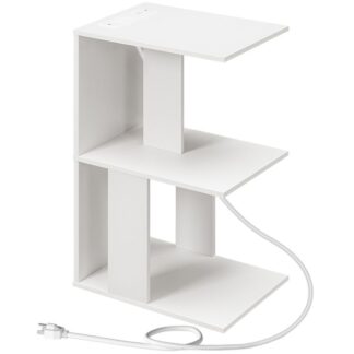 Tavolino con stazione di ricarica, Tavolino stretto per piccoli spazi, Tavolino da divano con ripiano portaoggetti, Comodino sottile accanto al tavolo per camera da letto, Soggiorno, Bianco
