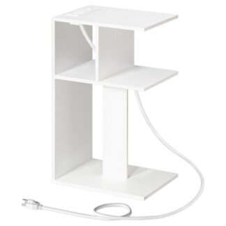 end table with charging station, narrow side table for small spaces, slim nightstand with light, c-shaped beside table with storage shelf, for bedroom, living room, white