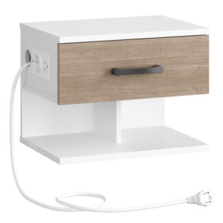 Table de chevet suspendue avec station de charge et tiroir pliant, Nightand flottante avec tiroir, Étagère murale suspendue pour armoire de chevet avec rangement ouvert et caché, 2 Options d'installation, Blanc et greige