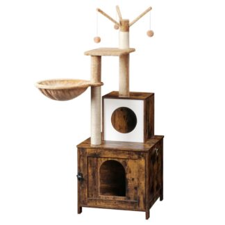 Kattetræ med kattebakke, Trækattårn med katte hængekøje condo, Alt-i-en kattemøbler til indendørs katte, Kattebakkemøbler gemt, Alsidigt kattetræ, Rustik brun
