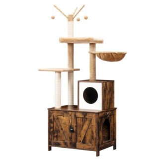 Cat Tree with Litter Box Enclosure for Indoor Cats, Wooden Cat Condo with Scratching Posts, Cat Litter Box Furniture Hidden, All-in-One Cat Toy with Cat House, Grey