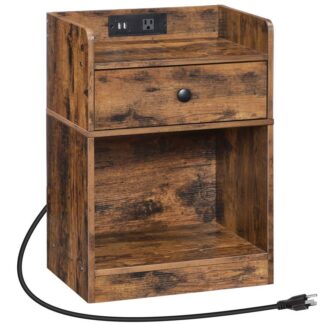 Nachttisch mit Ladestation, Beistelltisch mit Schublade und aufklappbarem Regal, Nachttisch mit USB-Anschlüssen und Steckdosen, Kleine Nachtständer für Schlafzimmer, Einfacher Stil, Rustikales Braun