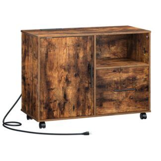 wooden office file cabinet, lateral filing cabinet with charging station, printer stand with drawer and open storage, for a4, letter size, for office, study, rustic brown