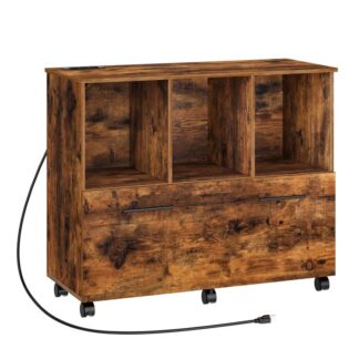 wooden file cabinet, rolling printer stand with open storage shelf, filing cabinet with charging station, mobile lateral filing cabinet, a4/letter size for home office, rustic brown