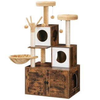 cat tree with litter box enclosure, 2 cat houses and platforms, cat tower for indoor cat, hidden litter box furniture, 2-in-1 cat condo with hammocks, scratching posts, rustic brown