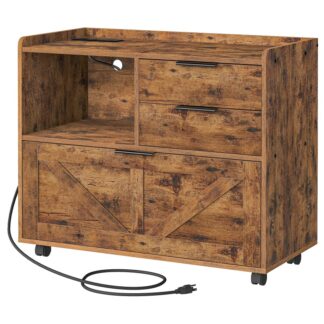 Rustic Brown Lateral File Cabinet, Wooden Office Storage Drawers with Charging Station, Retro Filing Cabinet for Home Office, A4/Letter/Legal-Sized Files, Printer Stand with Open Spaces