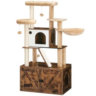 شجرة القطط مع صندوق الفضلات, 59.1 برج قطط طويل 2 في 1 ومتعدد الاستخدامات مع أثاث صندوق فضلات مخفي, شقة القط, الكرات المتدلية, المشاركات الخدش, لوحة الخدش, ريفي براون