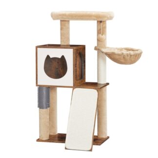 شجرة القطط للقطط الداخلية, برج القطط للقطط البالغة في الأماكن المغلقة, شقة خشبية للقطط مع مقعد علوي كبير, بيت لعب القطط مع أعمدة خدش للقطط, أرجوحة القط, ريفي براون