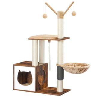 شجرة القط, برج القط للقطط الداخلية, منزل القط الخشبي مع وظائف خدش القط, شقة القط, أرجوحة القط, جثم أعلى, وسادة قابلة للإزالة قابلة للغسل, كات الذات العريس, بني ريفي