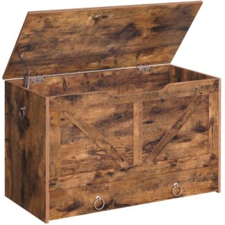 opbevarings kiste, Opbevaring bagagerum med skuffe, Træopbevaringsbænk, Robust indgangsbænk understøtter 220 lb, sko bænk, Sikkerheds hængsel, U-formet åbning, Let samling, Rustik brun