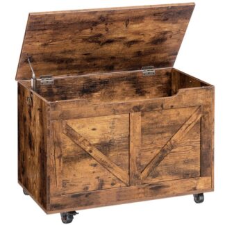 storage chest, storage trunk on wheels, sturdy storage bench supports 220 lb, wooden entryway bench, shoe bench, movable, safety hinge, u-shaped opening, easy assembly, rustic brown