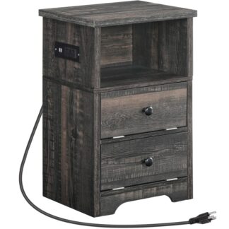 Nightstand with Charging Station, Side End Table with 2 Drawers, Farmhouse Style Bedside Table, Sofa Table with Open and Hidden Storage, for Bedroom, Office, Dark Rustic Oak