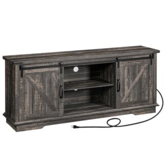 Farmhouse TV Stand with Power Outlets to 75 Inches, Modern Entertainment Center with Sliding Barn Door and Storage Cabinets, Media TV Console Table for Living Room, Vintage Gray
