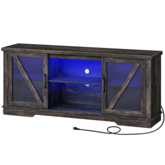 Телевізійна підставка з світлодіодними вогнями та живленнями, ТБ 75 Дюймовий телевізор, Медіа-розважальний центр для вітальні, ТВ -консольний стіл, Телевізійна підставка з зберіганням, Темний сільський дуб