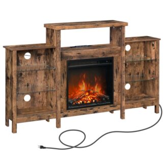камін телевізора стоїть до телевізорів 65 дюйм, Розважальний центр з регульованими скляними поличками, 58.9'' Електричне телебачення з камінами та розетками, вітальня, сільський коричневий