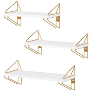 Плавающие полки, Плавающие настенные полки, Набор 3, Настенная подвесная полка, Декоративные полки для хранения, для гостиной, Спальня, Коридор, Кухня, Ванная комната, Белый и Золотой