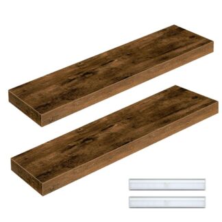 zwevende planken met verlichting, 31.5'' lange muurplanken, houten muurplank set van 2, Wandgemonteerde display planken, Hanging planken voor woonkamer, slaapkamer, keuken, rustiek bruin