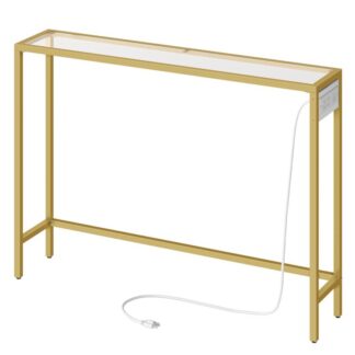 طاولة كونسول مع 2 منافذ USB و 2 مآخذ, طاولة مدخل مع محطة شحن, طاولة أريكة من الزجاج المقسى, خلف الأريكة, غرفة الجلوس, غرفة نوم, ذهب