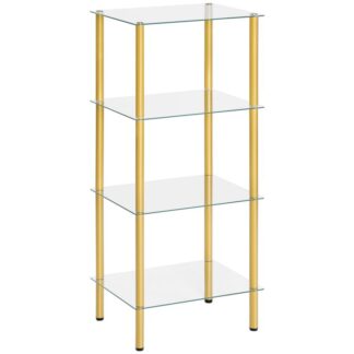 Ripiano in vetro, 4 Scaffale a ripiani, Supporto per mensola in vetro resistente per piccoli spazi, Salvaspazio, per il bagno, Camera da letto, Home Office, Vetro temperato, Telaio in acciaio, Oro