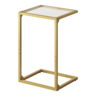 L-Shaped End Table, Tempered Glass Couch Table with Metal Frame, Narrow Snack Side Table for Small Space, Living Room, Bedroom, Modern and Simple, Gold