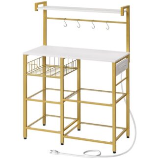 bakers rack with power outlet, tempered glass microwave stand with mesh basket, coffee station with 4 s-shaped hooks, for kitchen, living room, coffee bar station, gold and white