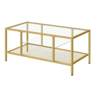 طاولة القهوة الذهبية, طاولة القهوة الزجاجية لغرفة المعيشة, طاولة قهوة زجاجية ذهبية, طاولة قهوة مستطيلة مع رف تخزين من 3 طبقات, اطار معدني, لغرفة النوم, مكتب, شقة, ذهب