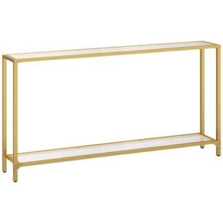 55.1" Gold Konsol Dësch, schmuel temperéiert Glas Erzielungsdësch, Sofa Dësch hannert Couch, modern Stil, Metal Frame, Gang, Wunnzëmmer, Gold