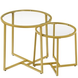 Small Coffee Table Set of 2, Gold End Table with Glass Top, Round Coffee Side Table with Metal Frame, Modern Style, for Living Room, Bedroom, Gold