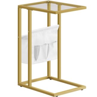 C Shaped Side Table, Gold Side Table, Tempered Glass End Table with Fabric Storage Holder, Small Coffee Snack Table for Small Spaces, Living Room, Bedside Table, Metal Frame, Gold