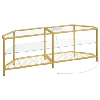 tv stand with power outlet for tvs up to 60", modern 55 inch corner tv console table with open shelves, tempered glass media entertainment center for living room, bedroom, gold