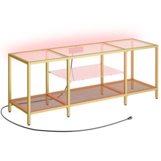 tv stand with led lights and power outlets for tvs up to 65", modern 55 inch tempered glass tv console table with open shelves, media entertainment center for living room, gold
