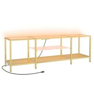 tv stand with led lights and power outlets for tvs up to 75", modern 63 inch tempered glass tv console table with open shelves, media entertainment center for living room, gold