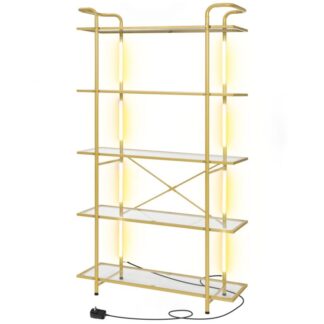 5-tier led bookshelf, modern industrial bookcase, tempered glass book shelves, large open shelf bookcase, glass display shelf with lights for bedroom, living room, office, gold
