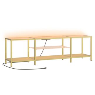 tv stand with led lights and power outlets for tvs up to 75", modern 70.9 inch tempered glass tv console table with open shelves, media entertainment center for living room, gold