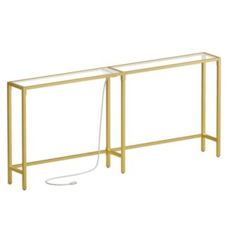 جدول وحدة التحكم الذهبية مع 2 منافذ الطاقة و 2 منافذ USB, طاولة مدخل طويلة إضافية مع محطة الشحن, طاولة الأريكة الزجاجية المقساة, حديث, لغرفة المعيشة, المدخل