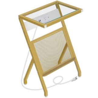 طاولة جانبية ذهبية, طاولة جانبية على شكل حرف Z مع محطة شحن, طاولة صينية تلفزيون حديثة مع رف للمجلات, طاولة قهوة من الزجاج المقسى للمساحة الصغيرة, غرفة نوم, مكتب, غرفة الجلوس, ذهب