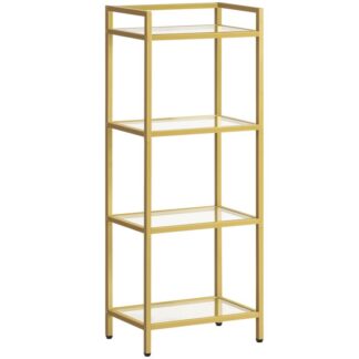 4-Tier Gold Bookcase, Tempered Glass Bookshelves, Slim Shelving Unit for Living Room, Narrow Bookshelf for Small Spaces, Storage Rack Display Shelf for Home Office, Gold