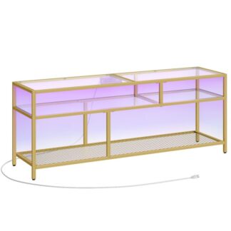 Gold TV Stand, Rectangular LED TV Stand with Power Outlets to 65'', Modern Glass Entertainment Center with Open Shelves, Media TV Console Table for Living Room, Bedroom, Gold