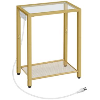 نهاية الجدول, طاولة جانبية مع محطة شحن, 2-منضدة من الطبقة مع أرفف تخزين, طاولة بجانب السرير ذات مساحة صغيرة, طاولة الهاتف, طاولة القهوة الحديثة, زجاج صلب, غرفة الجلوس, ذهب