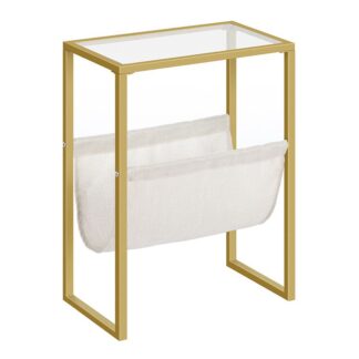 narrow side table, tempered glass end table with fabric magazine sling, small coffee accent table, bedside table for small space, bedroom, living room, modern style, gold
