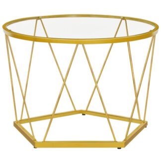 konferenčný stolík, Zlatý sklenený konferenčný stolík do obývacej izby, 27.6" okrúhly konferenčný stolík, 1 stredový stolík, kovový rám, hexagonálny dizajn, pre malý priestor, recepcia, byt, zlatý