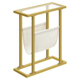 Side Table, Narrow Bed Side Table, Tempered Glass Side Table, Small Side Table with Magazine Holder, Sofa Side Table for Living Room, Bedroom, Gold