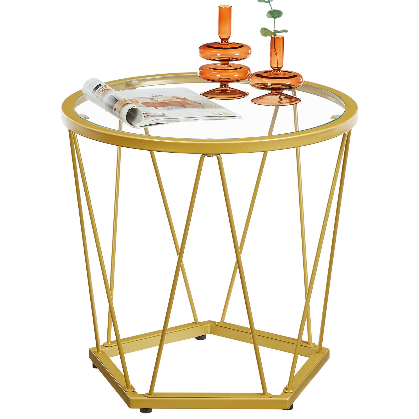 Hnízdící kulatý konferenční stolek Set (2-Kus), Zlatý kovový rám s horní částí z tvrzeného skla, Kompaktní koncový stolek do obývacího pokoje, Ložnice, Balkón & Yard, Moderní styl