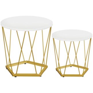 small coffee table set of 2, round coffee end table with metal frame, white side table for living room, bedroom and balcony, modern style, white and gold