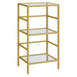 3-tier bookcase, tempered glass bookshelves, record storage rack with side fence, gold bookshelf, slim shelving unit for for living room, bedroom, home office, gold