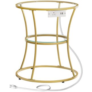 Round Side Table with Charging Station, Tempered Glass Round End Table with 2 Shelves, Gold Coffee Table with Metal Frame for Small Space, Sofa Couch and Bed, Easy Assembly, Gold